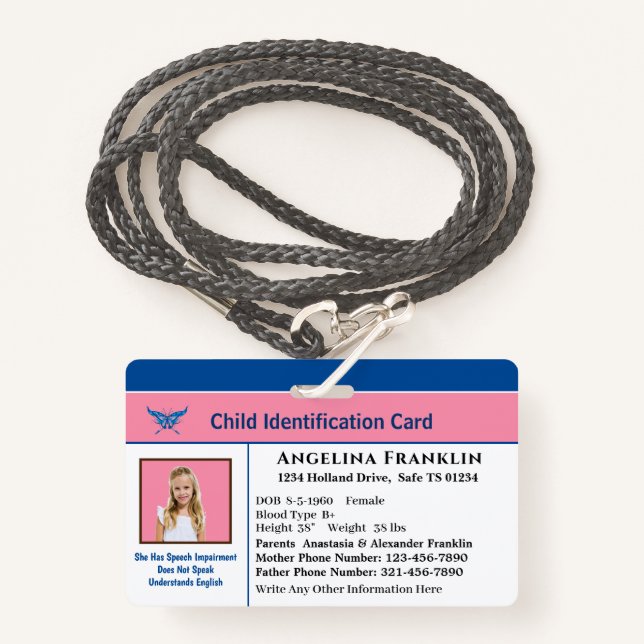 Id Identification Card Boy Girl Child Photo Custom ID Badge (Front with Lanyard)