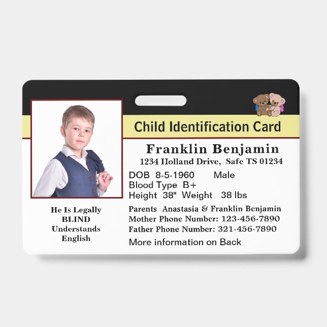Id Identification Card Child Baby Photo Emergency  Badge (Front)