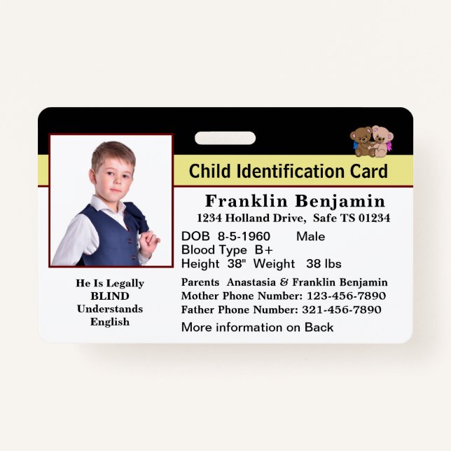 Id Identification Card Child Baby Photo Emergency  ID Badge (Front)