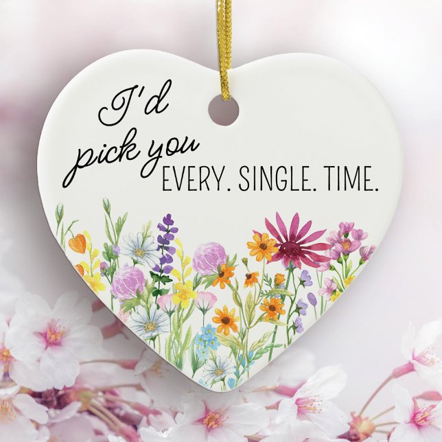 I'd Pick You Wildflower Meadow Floral Personalized Ceramic Tree Decoration (Heart shaped wildflower ornament with personal wording on the back)