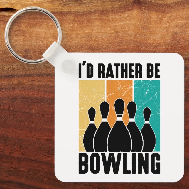 "I'd Rather Be Bowling" Retro Sunset Key Ring (Front)