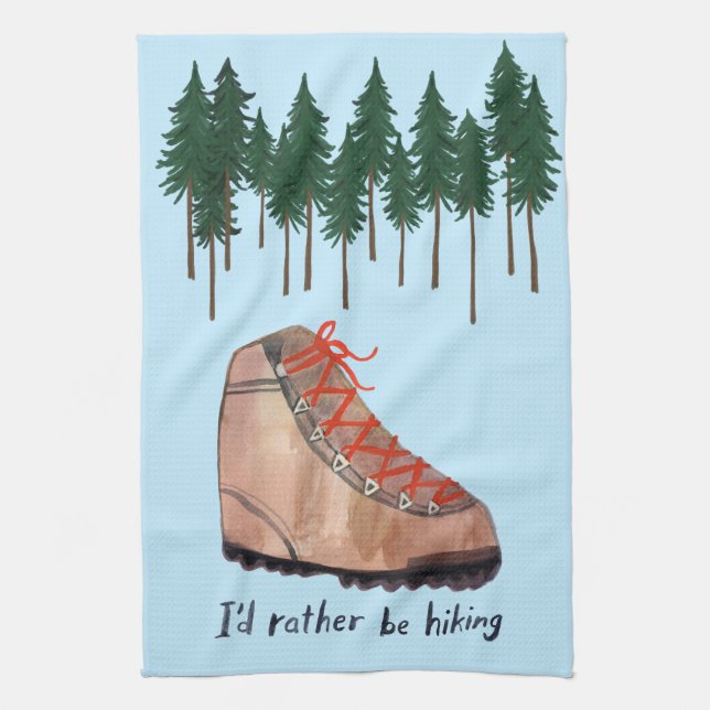 I'd Rather Be Hiking BLUE Trees Whimsical Tea Towel (Vertical)