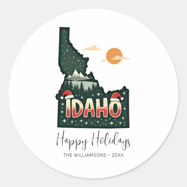 Idaho Map Happy Holidays Festive Christmas Classic Round Sticker (Front)