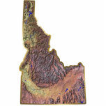 Idaho Map Magnet Cut Out<br><div class="desc">This magnet,  shaped like the state of Idaho,  displays a relief map of the state surrounded by a gold effect border. Idahoan decor for your fridge. 
Map derived from images at nationalatlas.gov.</div>