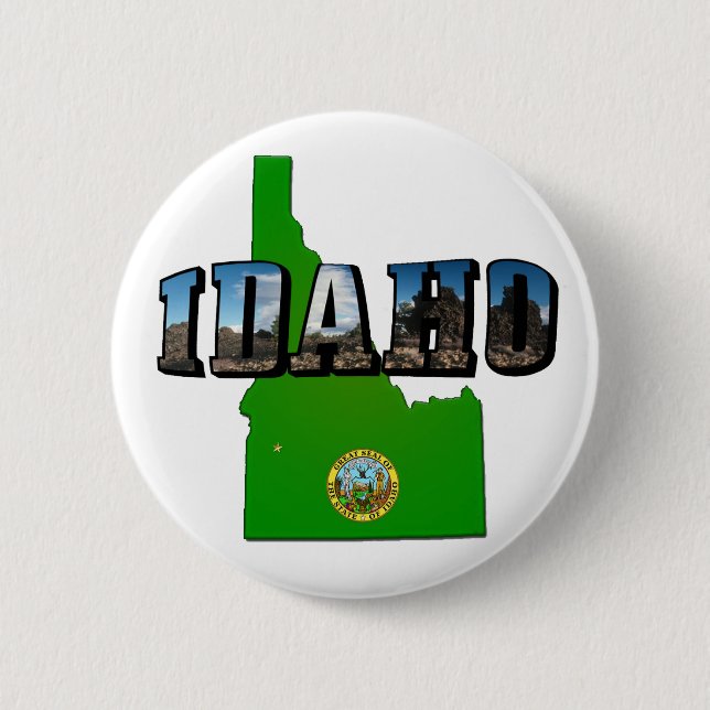 Idaho Map, Seal and Picture Text 6 Cm Round Badge (Front)