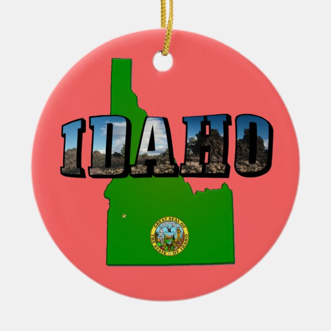 Idaho Map, Seal and Picture Text Ceramic Tree Decoration (Front)