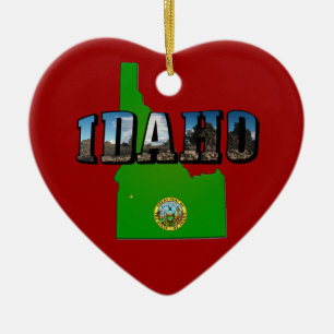 Idaho Map, Seal and Picture Text Ceramic Tree Decoration
