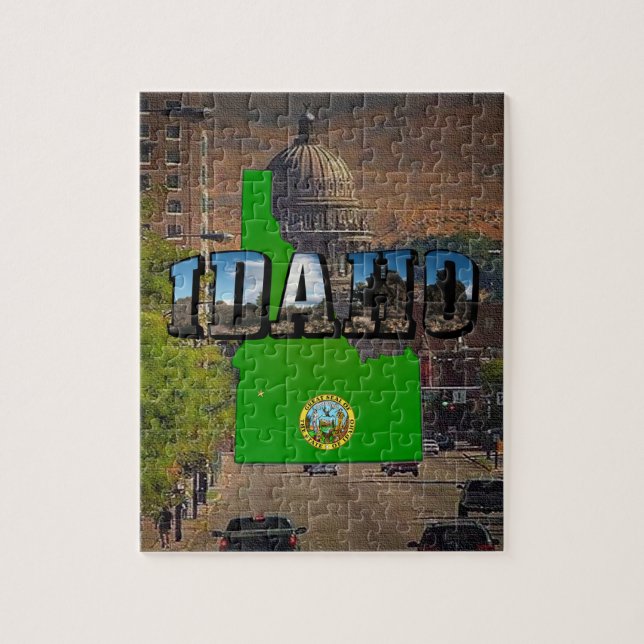 Idaho Map, Seal and Picture Text Jigsaw Puzzle (Vertical)