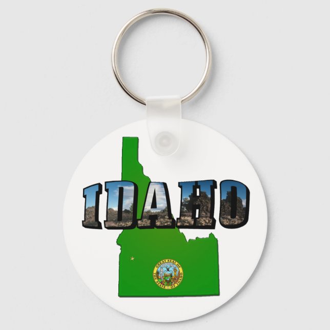 Idaho Map, Seal and Picture Text Key Ring (Front)