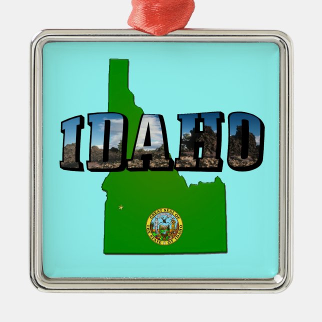 Idaho Map, Seal and Picture Text Metal Tree Decoration (Front)
