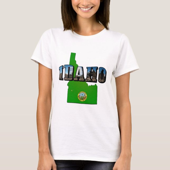 Idaho Map, Seal and Picture Text T-Shirt (Front)