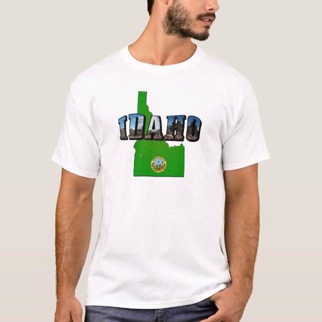 Idaho Map, Seal and Picture Text T-Shirt (Front)