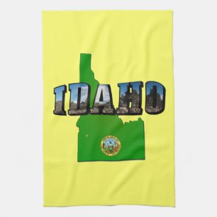 Idaho Map, Seal and Picture Text Tea Towel