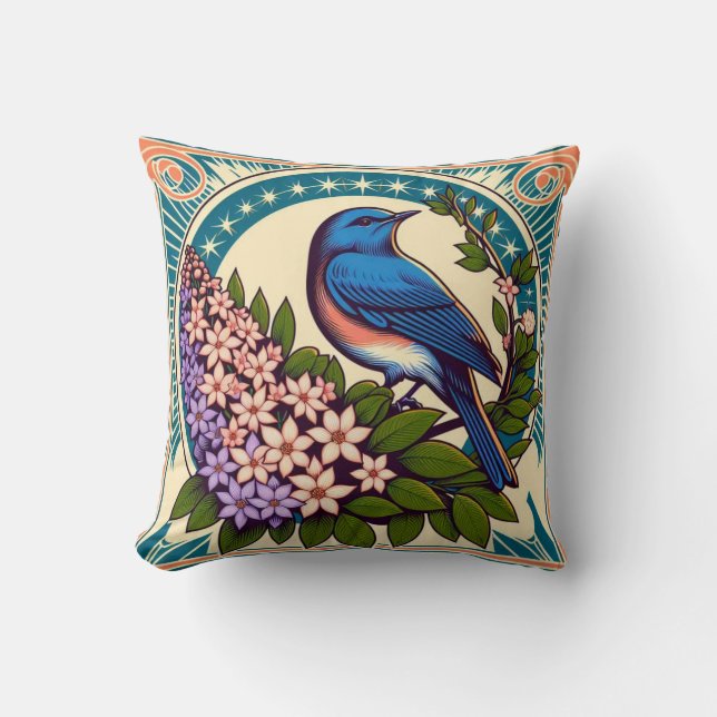 Idaho Mountain Bluebird and The Syringa Flowers Cushion (Front)