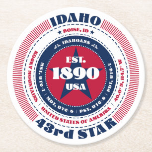 Idaho Red White Blue Typography Round Paper Coaster