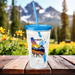 Idaho shape with mountain and wildflowers acrylic tumbler