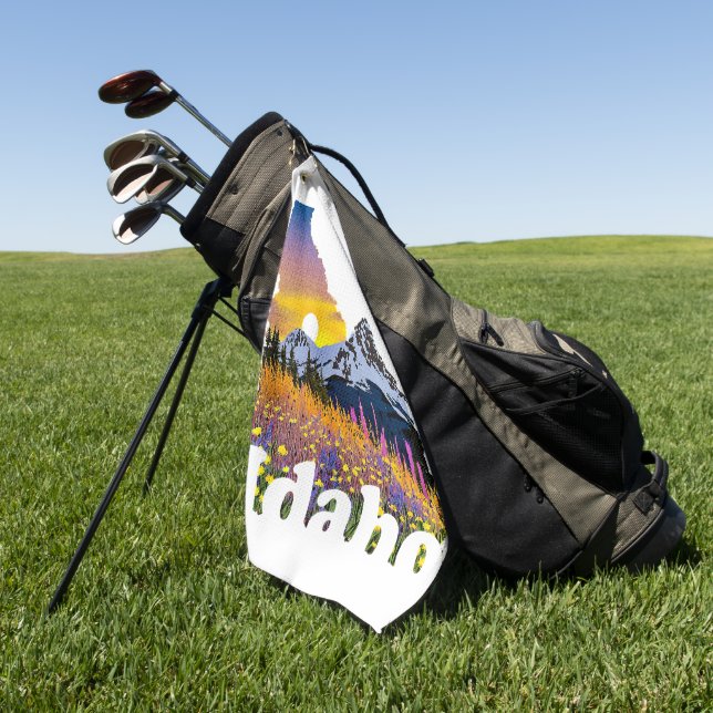 Idaho shape with mountain and wildflowers golf towel (Green)