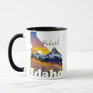 Idaho shape with mountain and wildflowers mug
