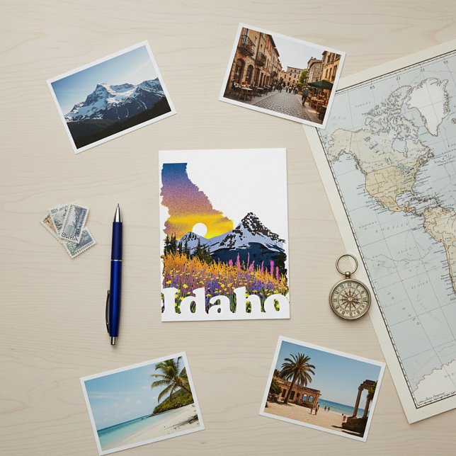 Idaho shape with mountain and wildflowers postcard (Creator Uploaded)