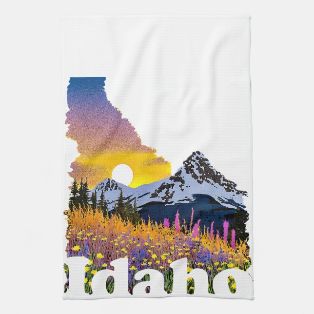 Idaho shape with mountain and wildflowers tea towel (Vertical)