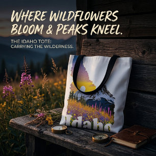 Idaho shape with mountain and wildflowers tote bag