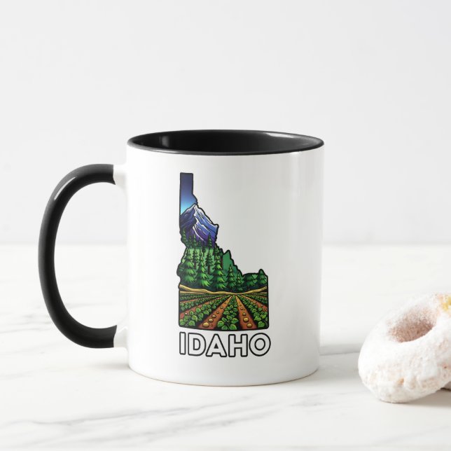 Idaho State Outline Tattoo Style Potato Fields Mug (With Donut)