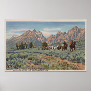 Idaho - View of Men on Horseback on Teton Mts. Poster