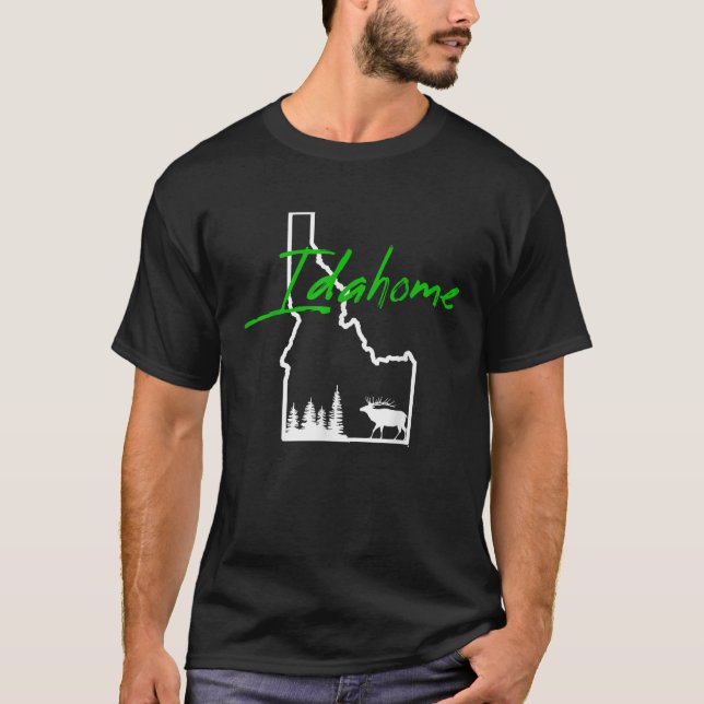 Idahome Tree Elk Silhouette Map Outline Cool Idaho T-Shirt (Front)