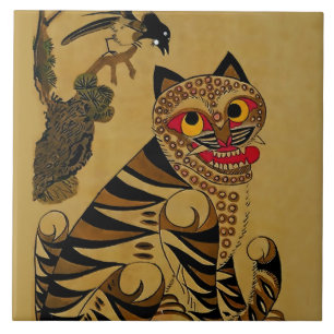 Idiot Tiger and Scolding Magpie Korean Minhwa Tile