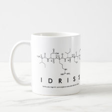 Mug featuring the name Idriss spelled out in the single letter amino acid code