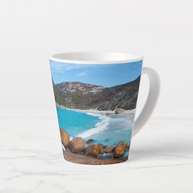 Idyllic beach in secluded bay latte mug (Right Angle)
