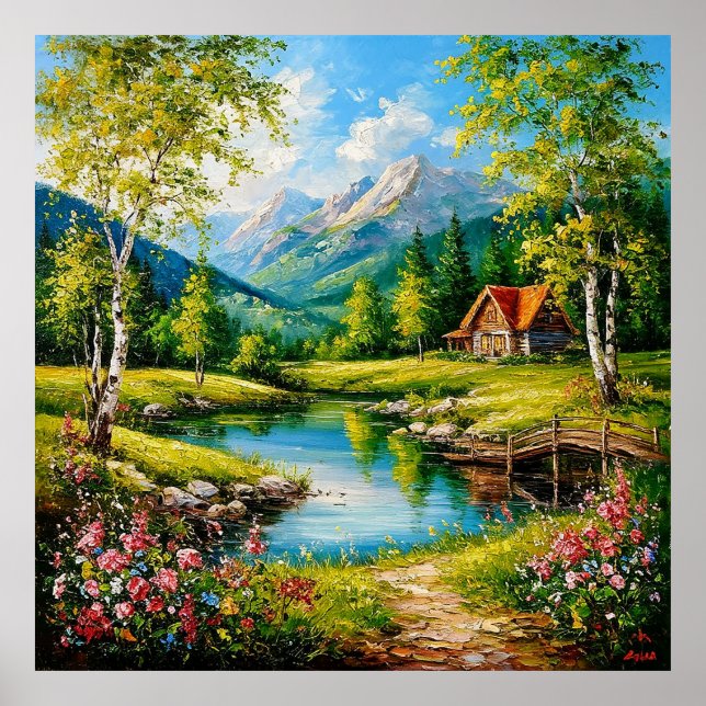 Idyllic Cabin by a Stream in a Vibrant Mountain Poster (Front)