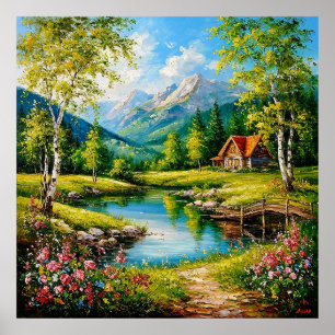 🏡 Idyllic Cabin By Mountain Stream Vibrant Nature Poster