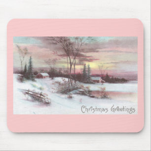 Idyllic Country Winter Scene with Pink Sunset Mouse Mat