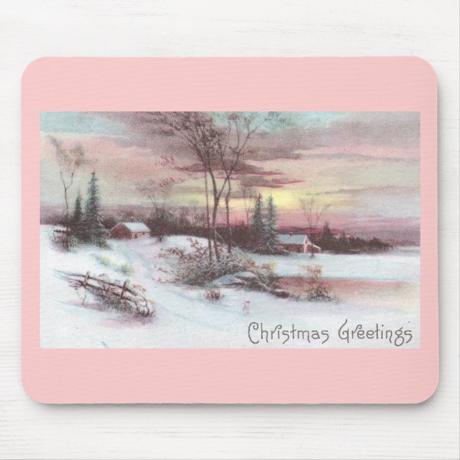 Idyllic Country Winter Scene with Pink Sunset Mouse Mat (Front)