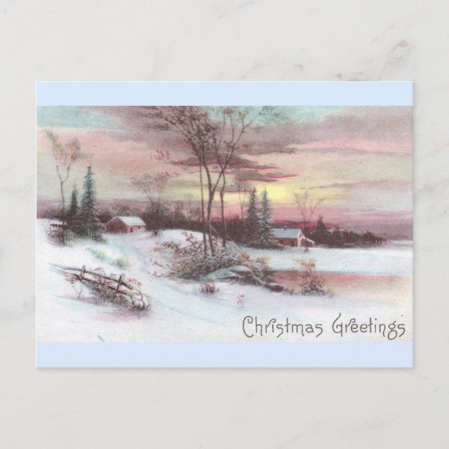 Idyllic Country Winter Scene with Pink Sunset Postcard (Front)
