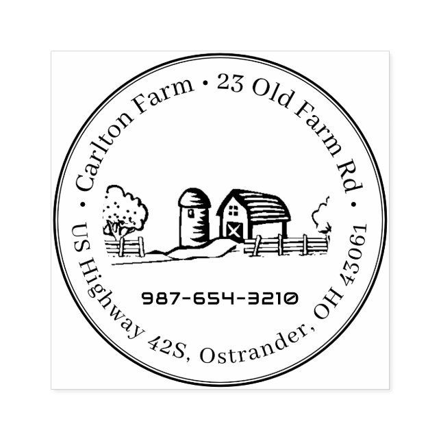 Idyllic Farm Stamp with Silo, Barn and Trees (Imprint)