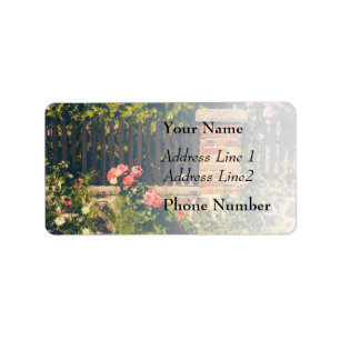 Idyllic Garden With Roses, Wooden Fence Label