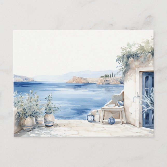 Idyllic Greek Island: Digital Watercolor Art Print Postcard (Front)