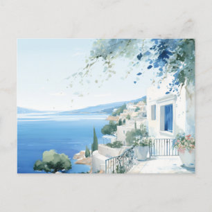 Idyllic Greek Island: Digital Watercolor Art Print Postcard