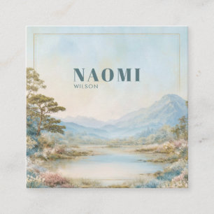 Idyllic Landscape Lake Mountain Gold Frame Square Business Card