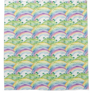 Idyllic Landscape Watercolor Painting with Trees Shower Curtain