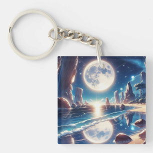 Idyllic Moonlit Beach Painting Key Ring
