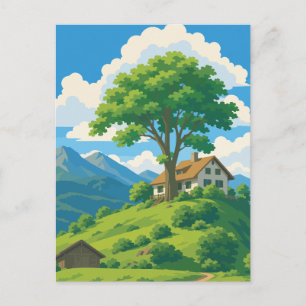 Idyllic Mountain Cottage and Giant Oak Tree Art Postcard