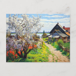 Idyllic Spring Farmstead Cherry Blossoms on Sandy Holiday Postcard