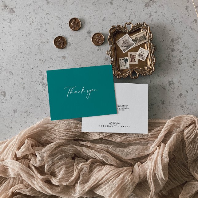 Idyllic Stylish Calligraphy Teal Flat Wedding   Thank You Card (Creator Uploaded)