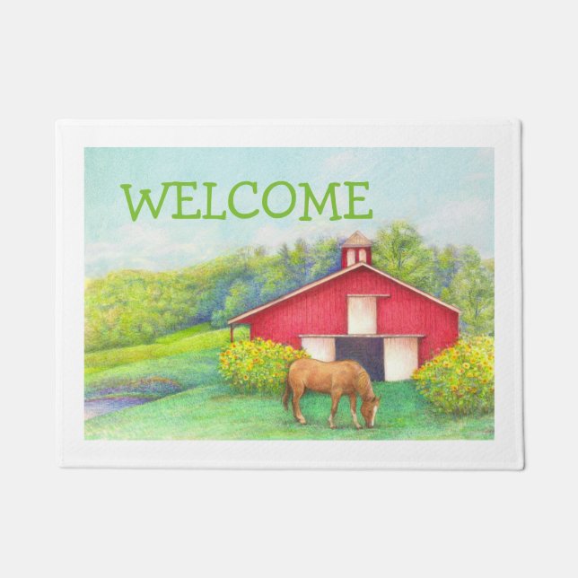 Idyllic Summer Landscape Red Barn with Horse Doormat (Front)