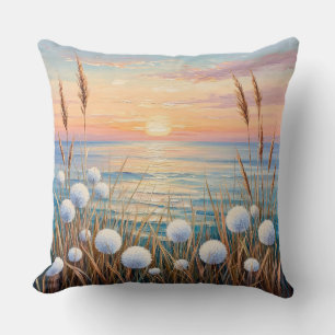 Idyllic Sunrise Over Ocean Featuring Wild Grasses Cushion