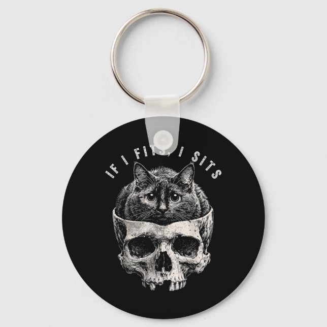 If Fits Sit Black Cat Skull Funny Minimal Meme Key Ring (Front)