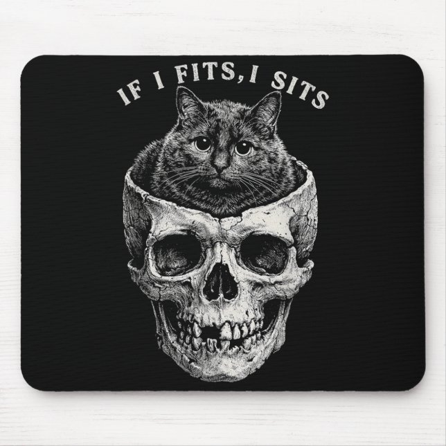 If Fits Sit Black Cat Skull Funny Minimal Meme Mouse Mat (Front)